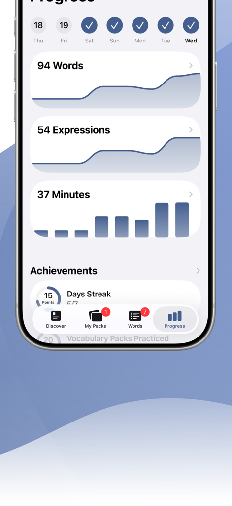 Panel de control de la app LENGO que muestra el progreso de aprendizaje del idioma turco con recuentos de palabras y gráficos de tiempo de estudio.