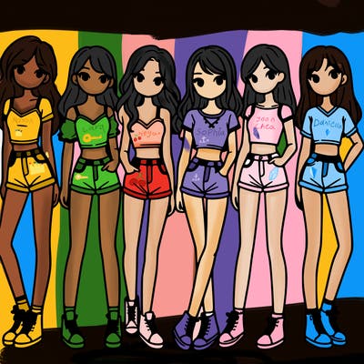 a group of girls wearing crop tops and shorts