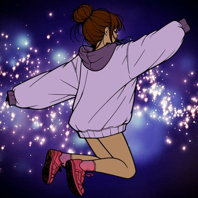 realistic girl jumping with a bun and oversized sweatshirt