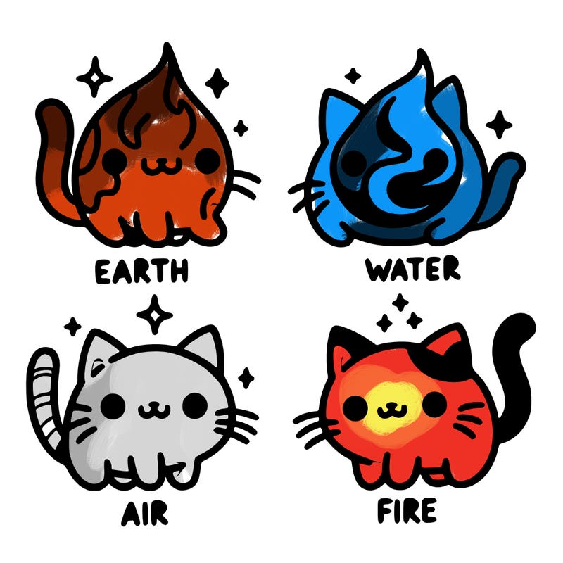 4 cats that represent the different elements, earth, water, air, and fire