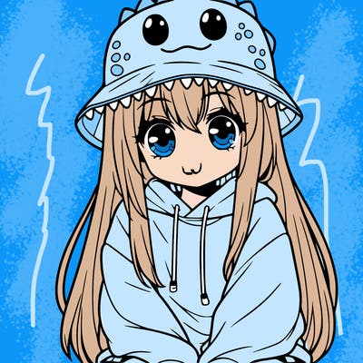 girl with anime shaped eyes with a dinosaur bucket hat oversized sweatshirt long straight hair