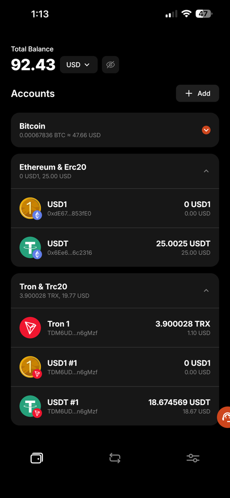 Mycelium Wallet - Mycelium Wallet dashboard showing accounts for Bitcoin Ethereum and Tron with USD balances