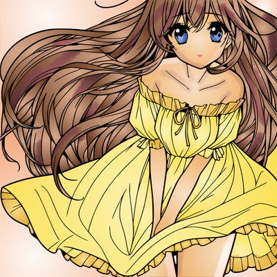 manga girl with long flowing hair and a dress that is pushed down