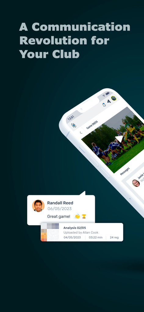 Nacsport Hub - Nacsport Hub mobile app interface showing sports video analysis and team communication notifications