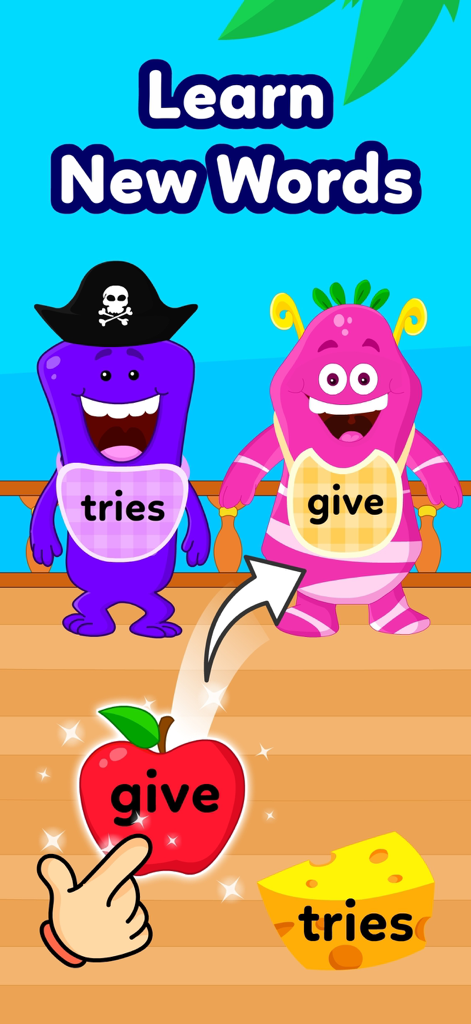 Reading Games for Kids ABC App - A colorful word matching game for kids featuring monsters and sight words like give and tries