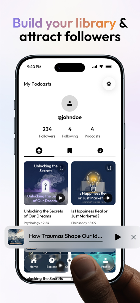 Interface of Podit app showing a user profile with followers and a library of AI study podcasts
