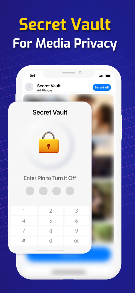 Pantalla de la bóveda secreta de la aplicación ZCleaner mostrando la entrada de un código PIN para la protección de medios privados