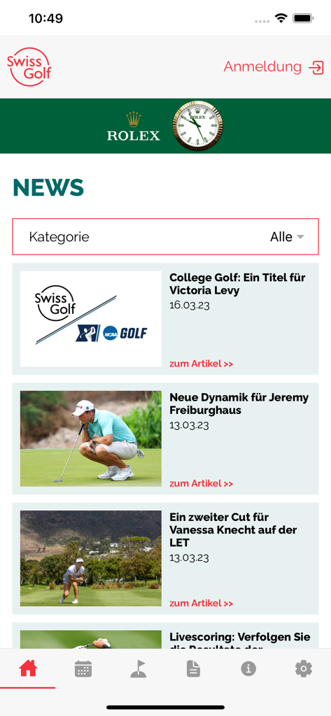 Swiss Golf - News feed interface in the Swiss Golf mobile app showing golf articles.