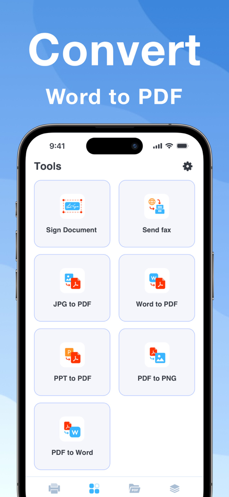Smart Printer App: PDF Scanner - Smart Printer App tools menu showing Word to PDF conversion and document signing options