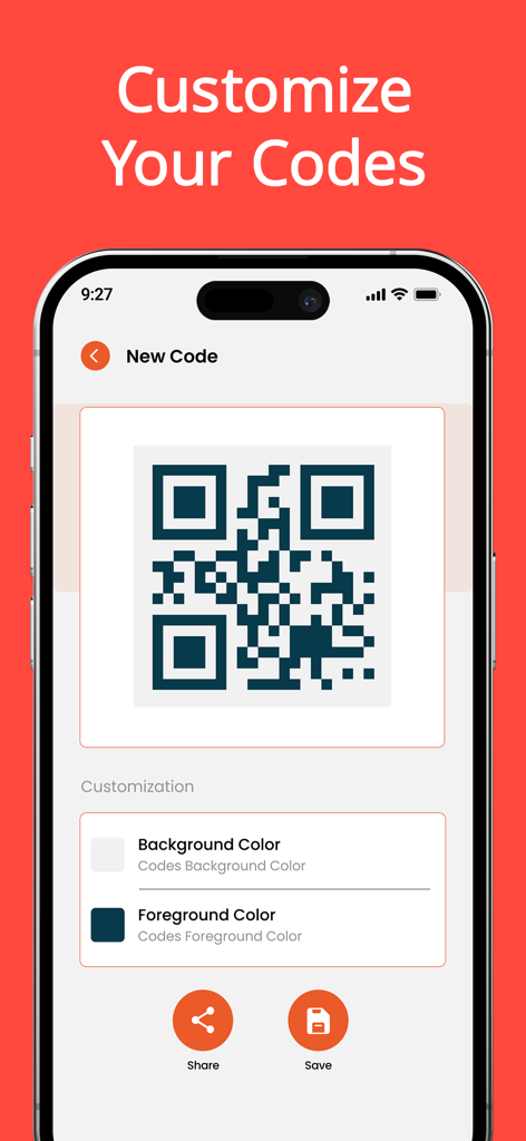 Uma tela de smartphone mostrando o gerador de código QR com opções para personalizar as cores de fundo e primeiro plano.