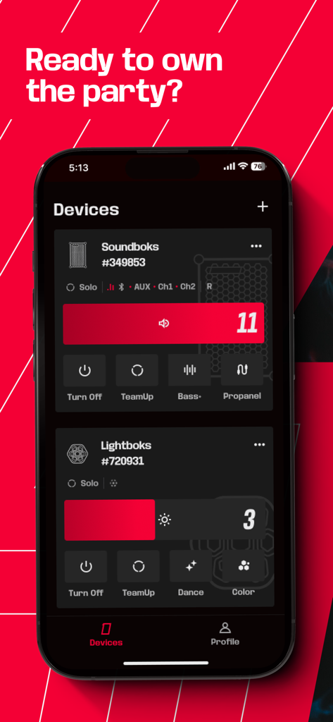 SOUNDBOKS 앱 대시보드, 스피커 볼륨 및 Lightboks 조명 설정 제어 기능 표시