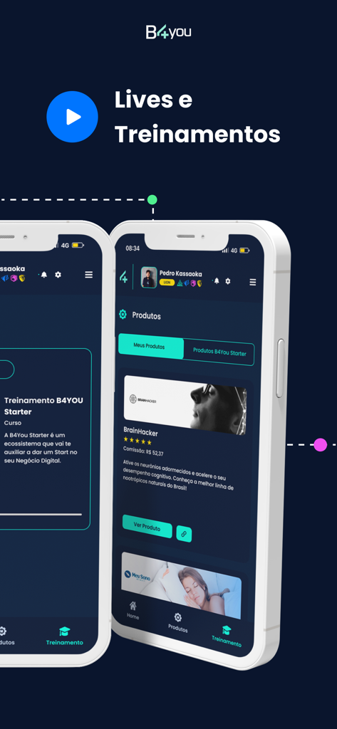B4You - Interfaz de aplicación móvil para B4You que muestra sesiones de formación en vivo y un catálogo de productos digitales.