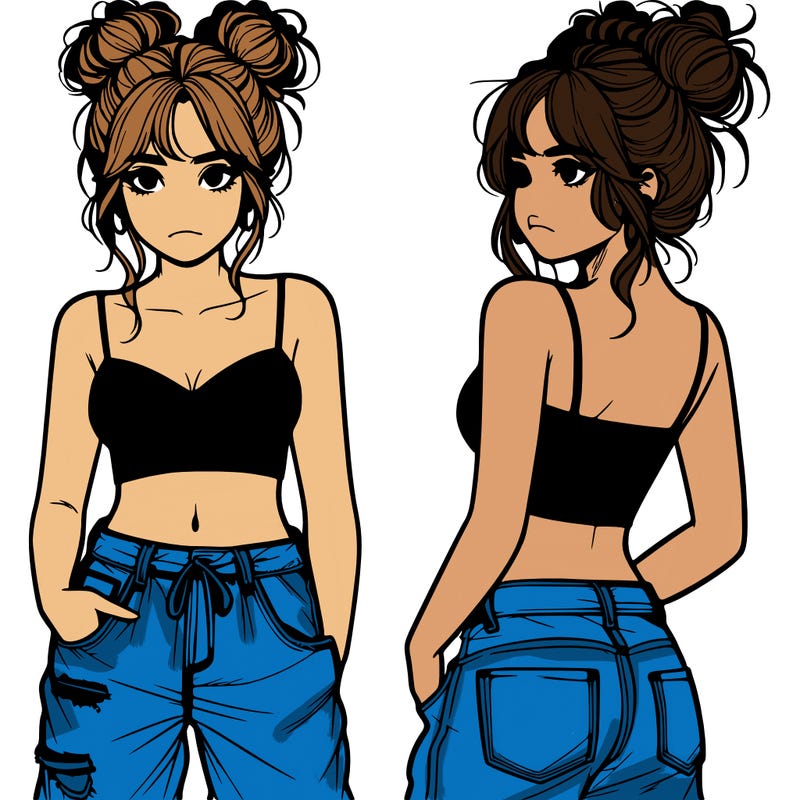 a realistic girl with a messy bun and baggy jeans with a crop top