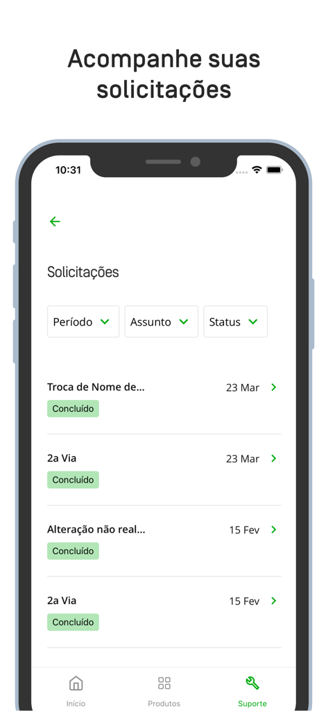 Oi_e - Interface of the Oi_e app showing a list of tracked customer service requests and their completion status.