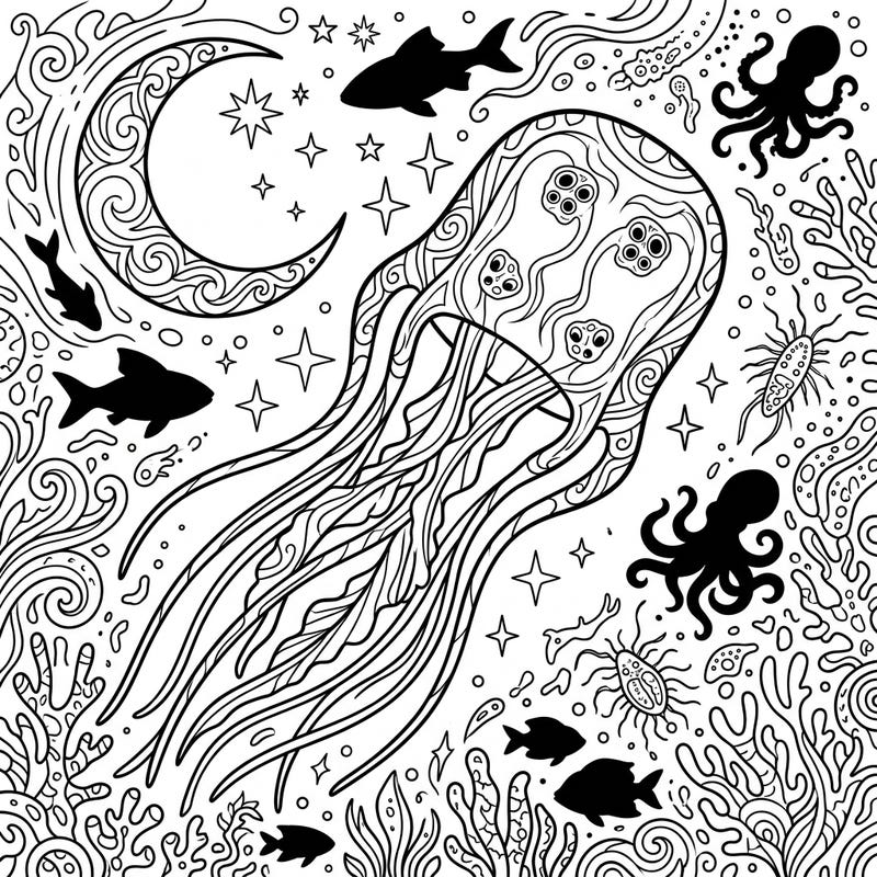 Explore the depths with this captivating Box Jellyfish coloring page, set against a magical night ocean backdrop. Immerse yourself in a serene underwater world filled with shimmering stars and intricate marine creatures.