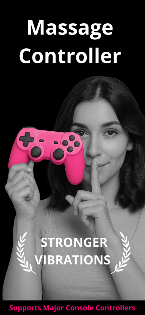 Woman holding a pink gaming controller for the Vibrator Massage Controller app featuring stronger vibrations