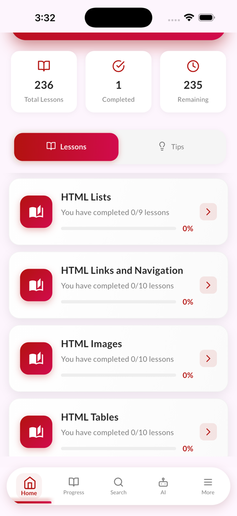 Dashboard di un'app per imparare HTML e CSS che mostra le categorie delle lezioni e i progressi di completamento.