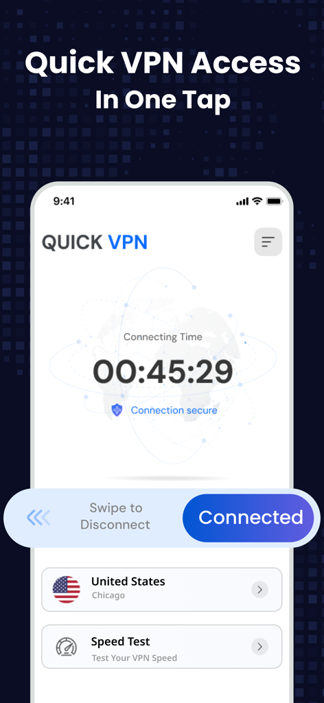 Quick VPN app interface showing a secure connection to a server in Chicago, USA