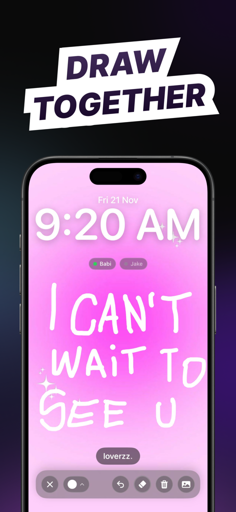Handwritten romantic message on a phone screen using the Loverzz draw together widget.