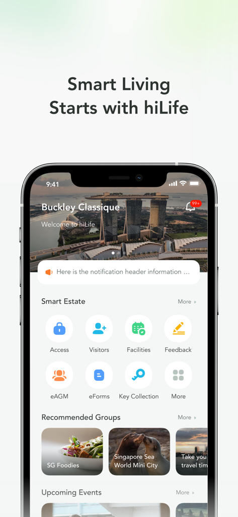 Home screen of the hiLife app displaying visitor management, facility booking, and community group features.