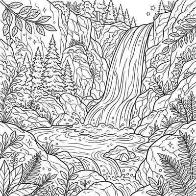 Explore the beauty of nature with this delightful horsetail waterfall coloring page, perfect for young artists aged 4-8. Children can bring this serene landscape to life with their favorite colors, featuring a majestic waterfall, sturdy rocks, and lush forest greenery.