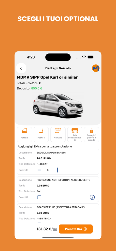 MOVENTUR - MOVENTUR app screen showing car rental details and optional extras like child seats and insurance