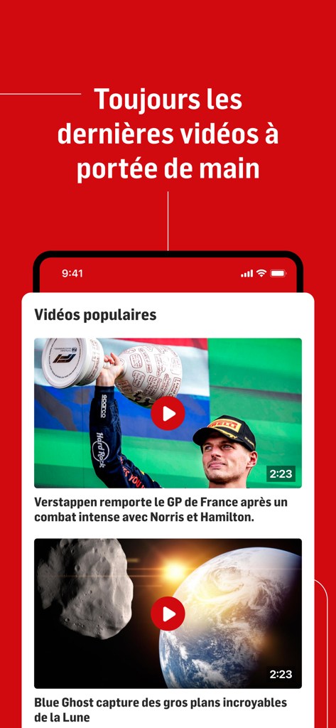 Capture d'écran de l'interface de l'application d'actualités 7sur7 montrant la section des vidéos populaires avec des actualités sportives et scientifiques