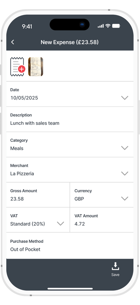 A smartphone screen displaying the ExpenseIn app interface for creating a new business expense with receipt capture and merchant details.