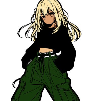 anime teen girl with baggy pants and crop top with sweater