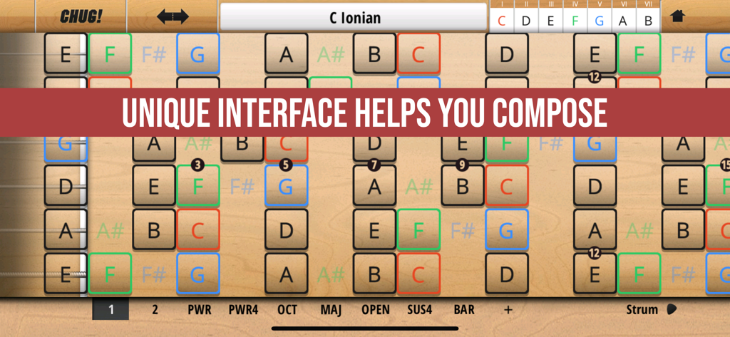 Jam Maestro guitar fretboard interface showing music scales and note labels for song composition
