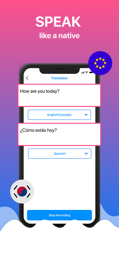 Translator App: All Language - 영어에서 스페인어 음성 번역을 보여주는 모바일 화면