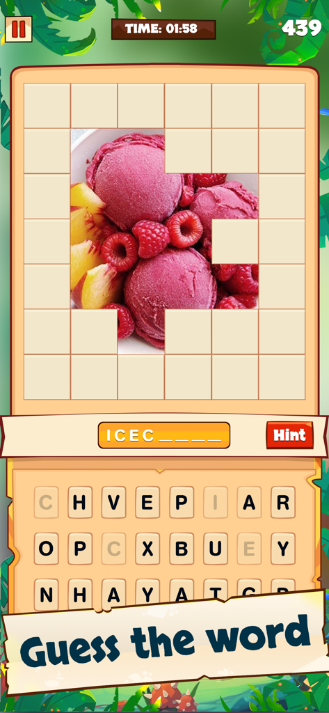 Word Search Tour: Link Letters - A word search puzzle gameplay screen where a user must guess the word ice cream from a revealed image
