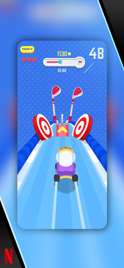 Bowling Ballers - 표적과 골프 클럽이 있는 파란색 트랙을 따라 달리는 스케이트 플랫폼 위의 볼링공