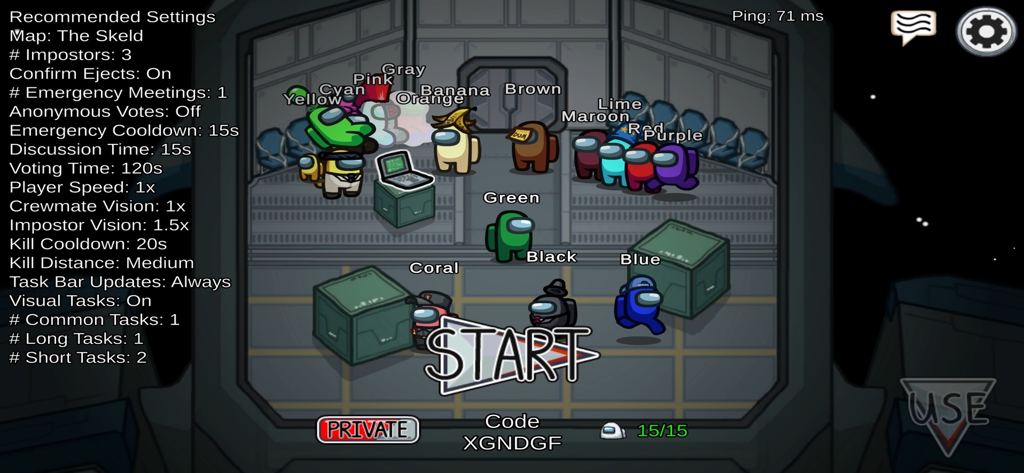 Among Us game lobby showing colorful characters and recommended settings for The Skeld map