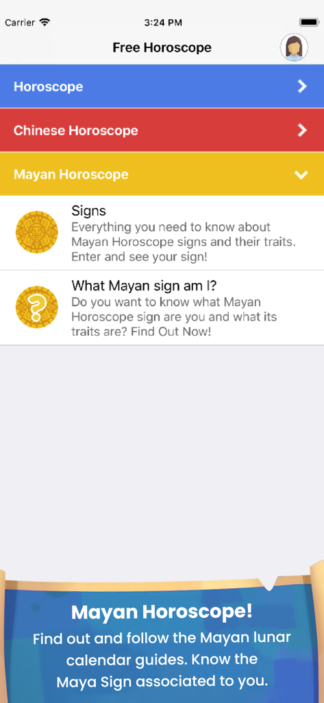 Daily Horoscope & Zodiac Signs - App interface showing Mayan horoscope options and signs in the Daily Horoscope and Zodiac Signs app