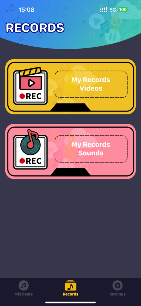 The Records screen in Record Box app with options for saved videos and sounds