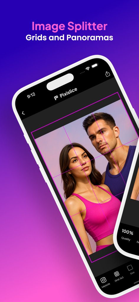 Pixislice - Image Splitter - The Pixislice app interface on a smartphone showing a 3x3 grid layout over a portrait photo