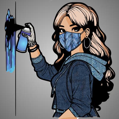 realistic girl with mask spray painting a wall