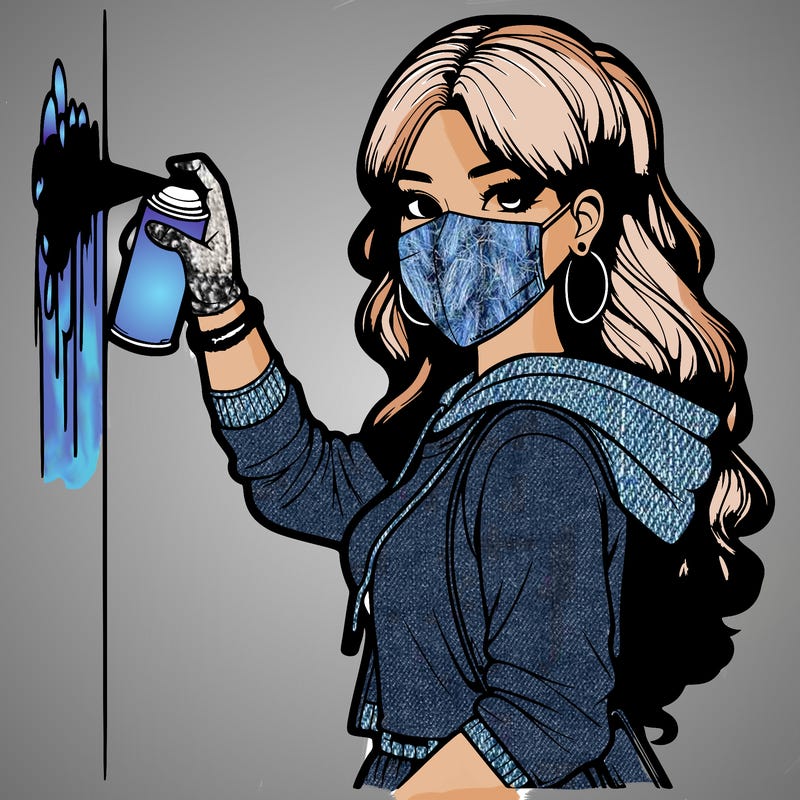 realistic girl with mask spray painting a wall