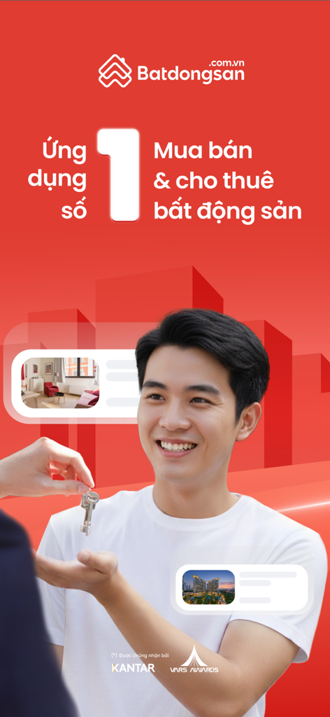 A smiling man receiving keys for a property on the Batdongsan real estate app interface