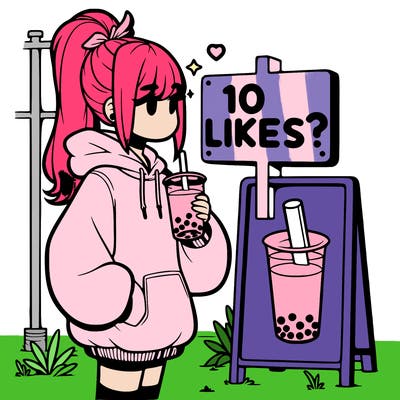girl with oversized hoodie drinking boba and she has a high ponytail with a sign that says 10likes?
