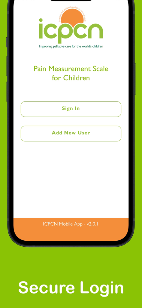 Der Anmeldebildschirm der Pain Assessment Tool-App mit dem ICPCN-Logo und Schaltflächen für die Anmeldung und das Hinzufügen eines neuen Benutzers