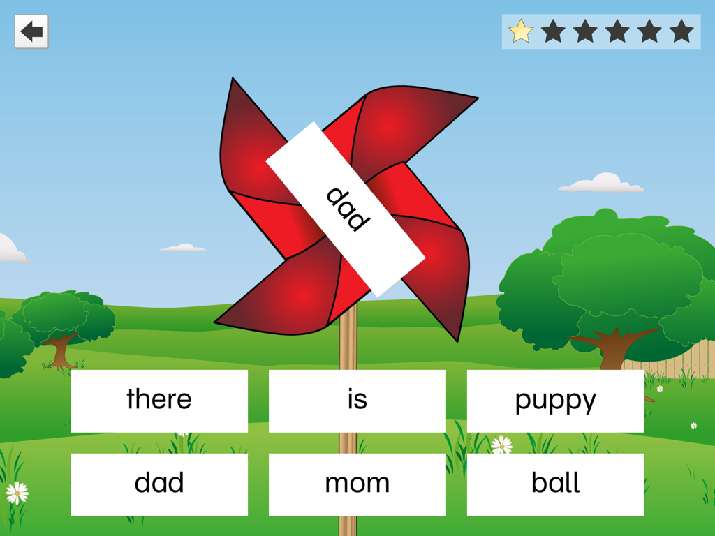 FlashWords AAC - Educational word matching game interface in FlashWords AAC app with a red pinwheel and word cards