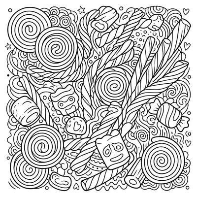 Unwrap a world of sugary delights with this captivating licorice coloring page, perfect for kids. This full-scene illustration is packed with twisted ropes, swirled coins, and various chewy treats, offering endless coloring fun.
