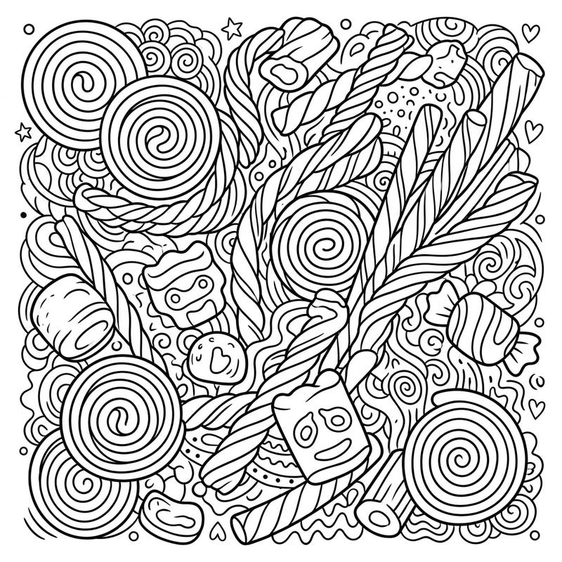 Unwrap a world of sugary delights with this captivating licorice coloring page, perfect for kids. This full-scene illustration is packed with twisted ropes, swirled coins, and various chewy treats, offering endless coloring fun.