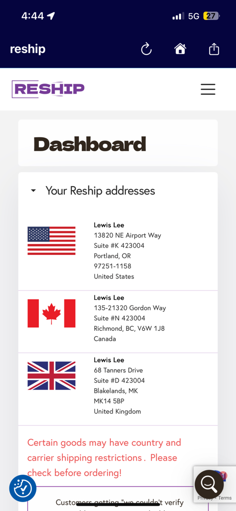 Painel do aplicativo Reship exibindo endereços de envio internacionais para os Estados Unidos, Canadá e Reino Unido.