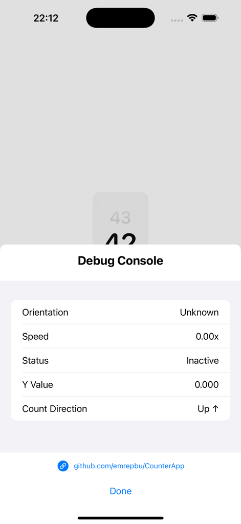 TiltCount - La consola de depuración de la aplicación TiltCount mostrando datos de sensores de movimiento en tiempo real y dirección del conteo