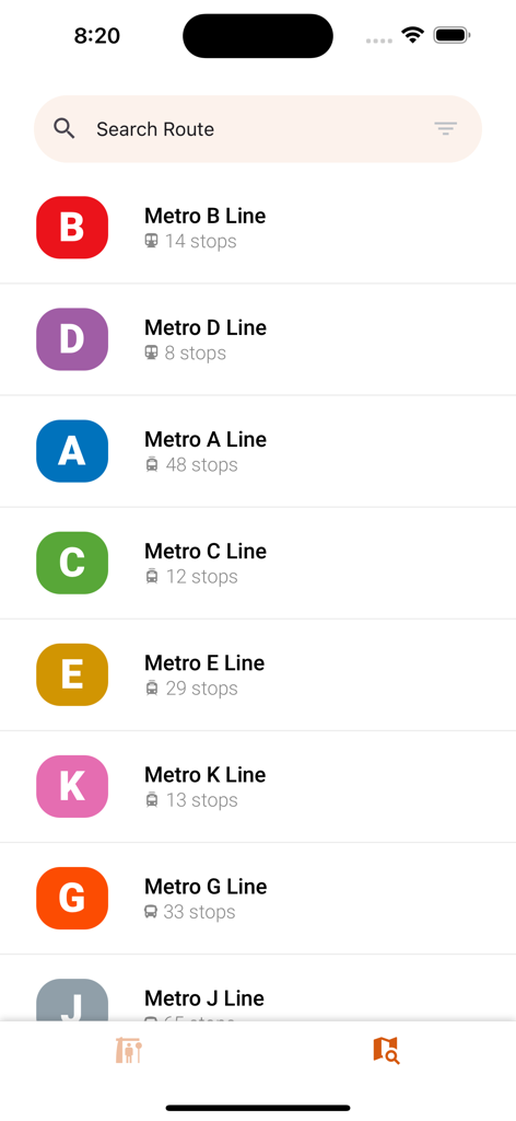 Los Angeles Transit (LA Metro) - Una lista de las líneas de tránsito de Metro de Los Ángeles con sus respectivos colores y letras de ruta.