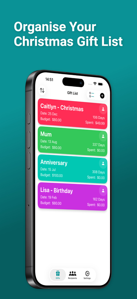 iPhone exibindo o aplicativo Christmas Tracker com listas de presentes codificadas por cores e rastreamento de orçamento para diferentes destinatários