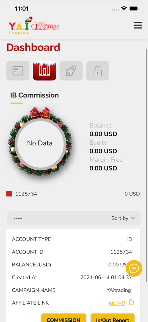 Panel de la aplicación móvil para YAI Trading Pro que muestra el saldo de la cuenta, el patrimonio y los detalles de la comisión